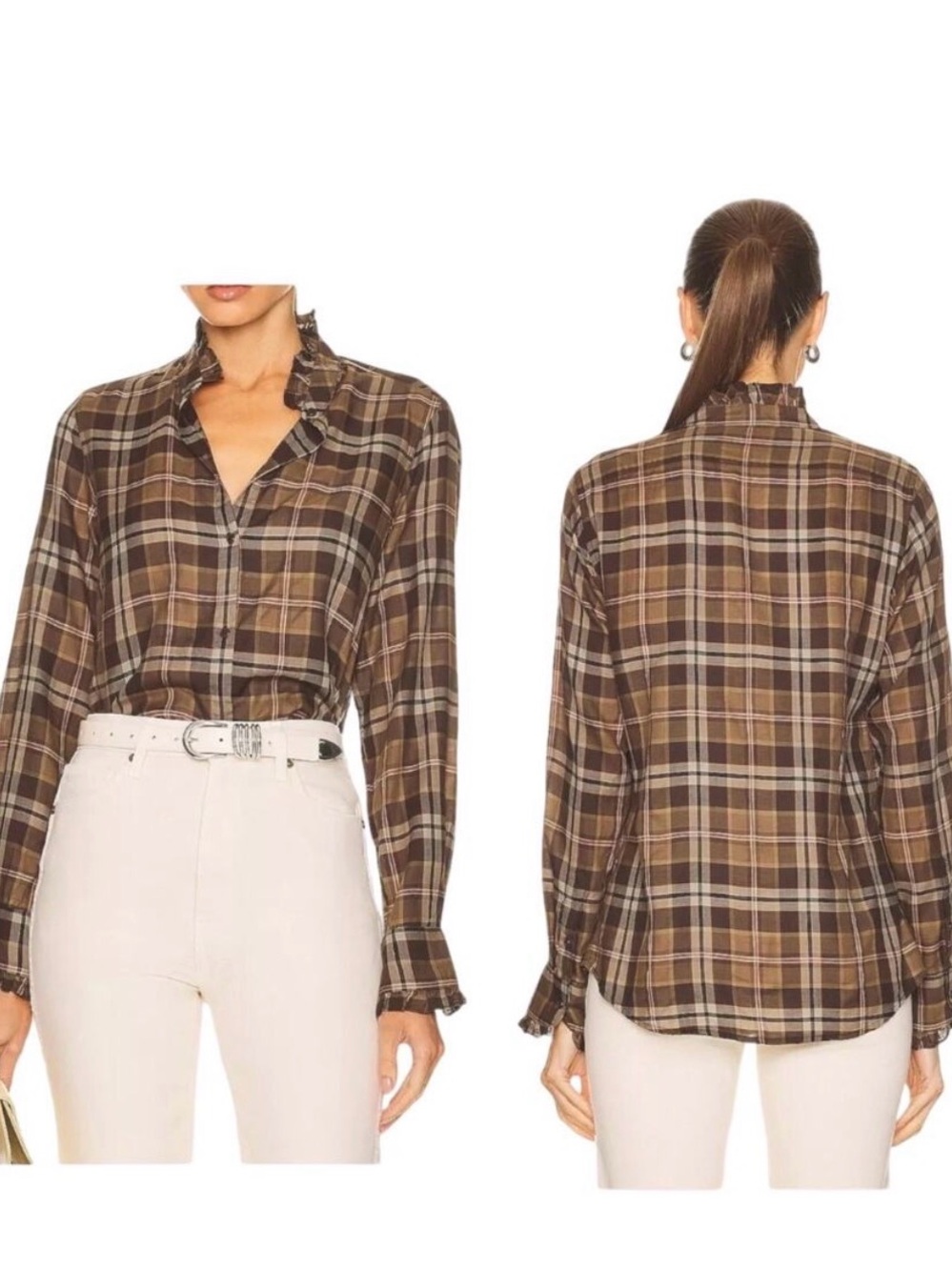 Nili Lotan Brown Plaid Ruffle-Neck Button-Down Shirt
